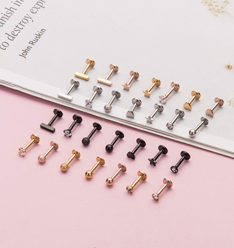 Masedy 16Pcs 16G 316L Stainless Steel CZ Labret Monroe Lip Rings Cartilage Helix Tragus Nose Piercing 6-8MM (C: 28Pcs 6MM) - Image 5
